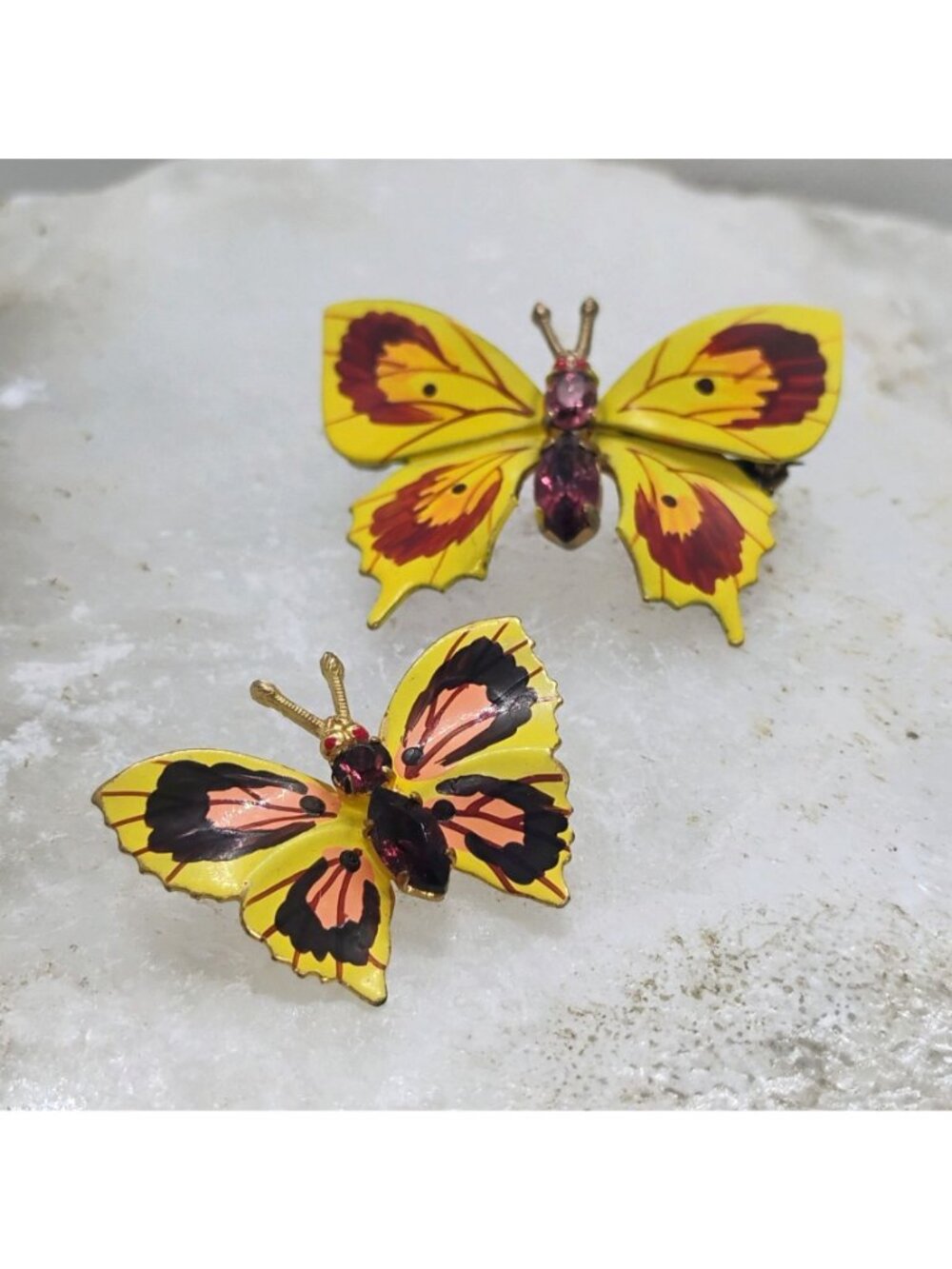 Vintage Czechoslovakia Enamel Rhinestone Butterfly Brooch Set Yellow Orange - Picture 4 of 9